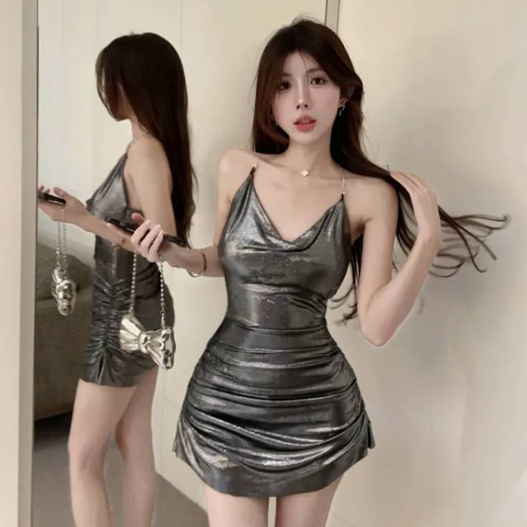 homecoming dresses Nightclub Sexy Dress Bar Disco Online Celebrity Hip Skirt Tight Waist Pleated Hot Girl Halter Backless Suspender Skirt