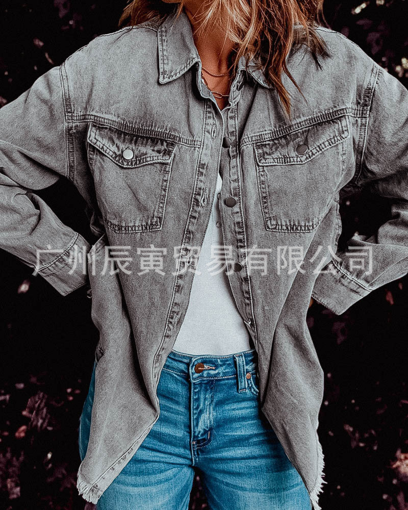 fashion outfits INS Autumn Street Hipster Denim Lapel Loose Simple Women's Shirt Three Colors Size 5