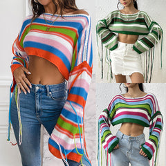 trio halloween costumes Women's New Rainbow Striped Tassel Sweater Sexy Ultra-Short Cropped Loose Sweater