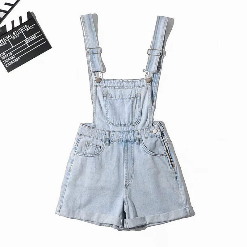 Summer Korean Style Student Denim Suspender Pants Women's Preppy Style Wide Leg Shorts Loose Curling Denim Tide