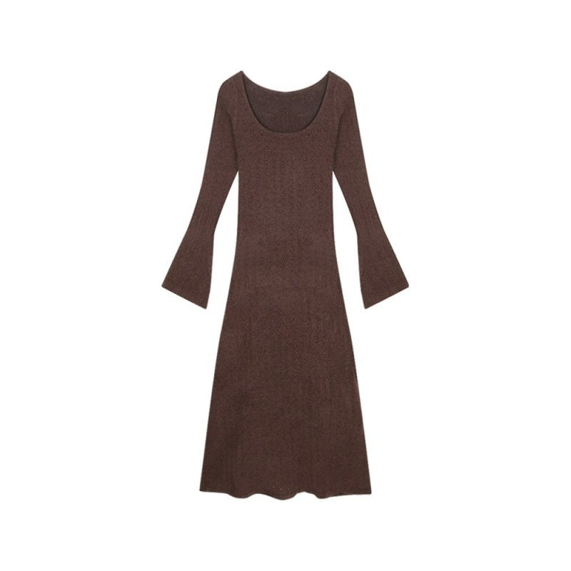 fashion outfits Early Autumn Brown Long-Sleeved Knitted Dress Women's Slim-Fit Draping Tight Waist A- line Midi Dress Retro Elegant Skirt