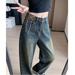guys clothing styles American Retro Distressed Washed Jeans Women's Autumn Draping Straight Trousers Loose Slimming Wide-Leg Pants Fashion