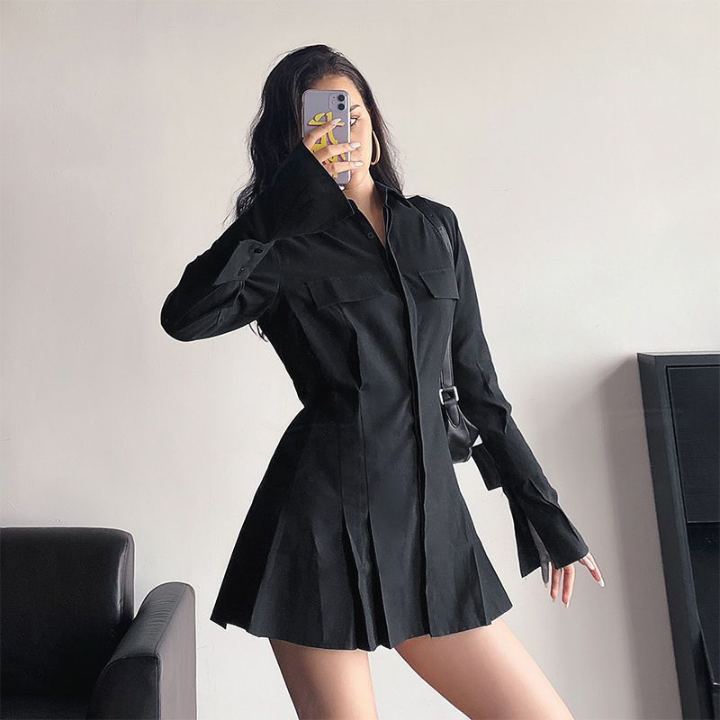 mad scientist dress to impress INS Autumn New Shirt Design Sense Bell Sleeve Elegant Waist Slimming Lapel Long Sleeve Dress Women