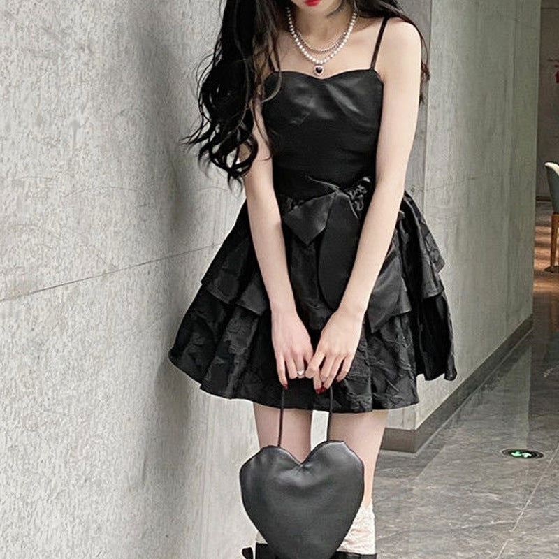 sexy outfit Sling Dress Women's Spring and Autumn New Sweet Cool Hot Girl Short Skirt Niche Design Black Fluffy Skirt 2024