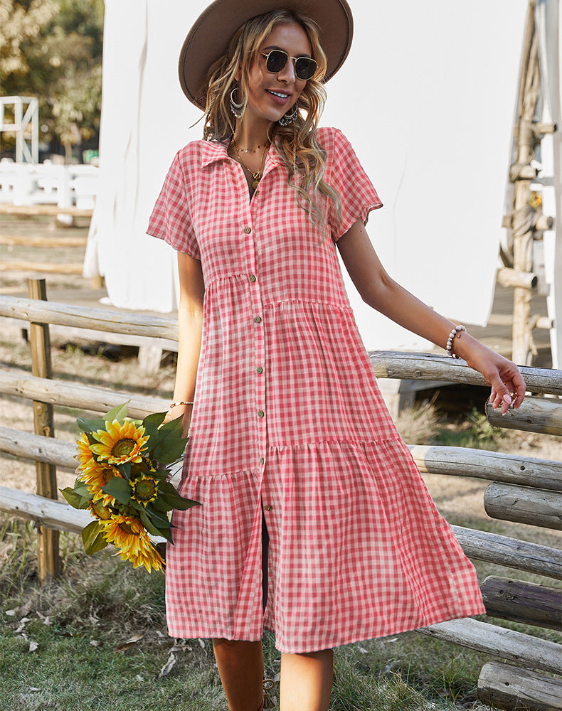 dorothy costume Summer New Women's Clothing Plaid Dress Shirt Collar Casual Skirt Manufacturer
