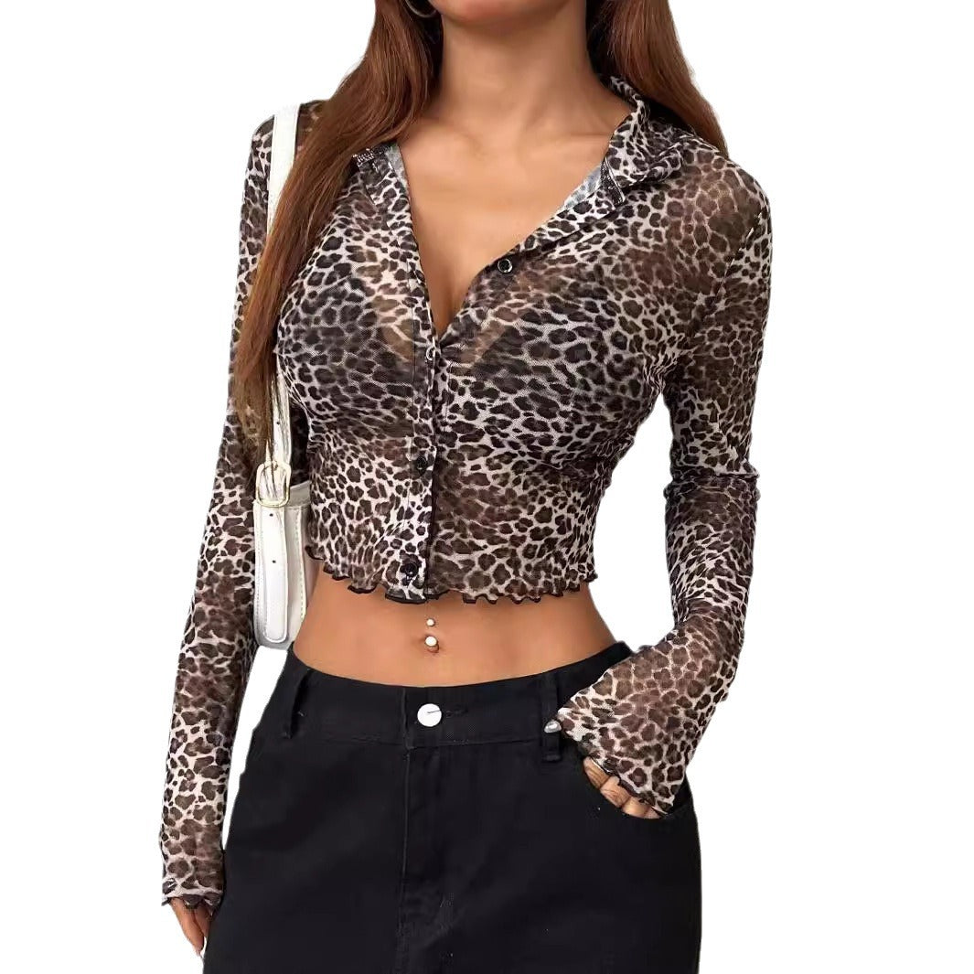 2000s fashion Y2k Leopard Print Mesh Single-Breasted Wooden Ear Long Sleeve Short Shirt Top for Women