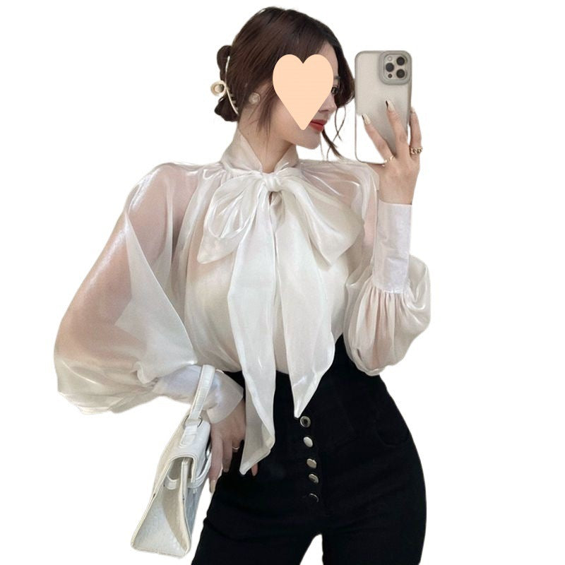 business casual outfits Mesh Bow Shirt for Women Spring and Autumn New Elegant Top Fashionable Light Mature Bright Silk Long Sleeve Shirt