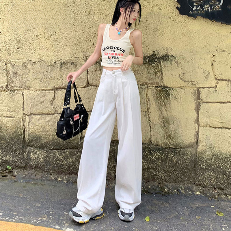 work outfits women White Straight Jeans Women's High Waist Spring and Summer New Slimming Loose Wide Leg Mop Pants