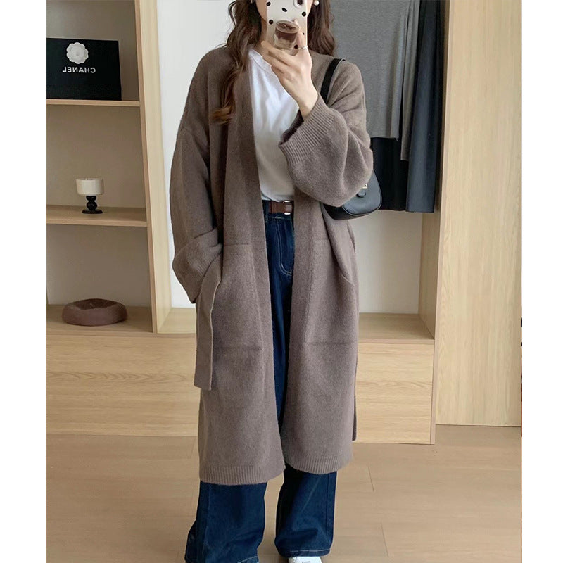 black sweater dress outfit Fashionable Loose Long over-the-Knee Knitted Cardigan for Women Autumn and Winter Lazy Temperament Sweater Coat Overcoat