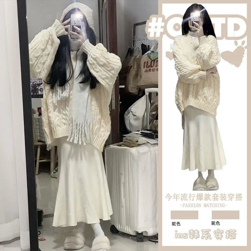 fall winery outfits Korean Style Lazy Style V-neck Sweater Retro Warm Loose Spring and Autumn Winter Gentle Style Pullover Skirt Two-Piece Set
