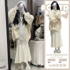 fall winery outfits Korean Style Lazy Style V-neck Sweater Retro Warm Loose Spring and Autumn Winter Gentle Style Pullover Skirt Two-Piece Set