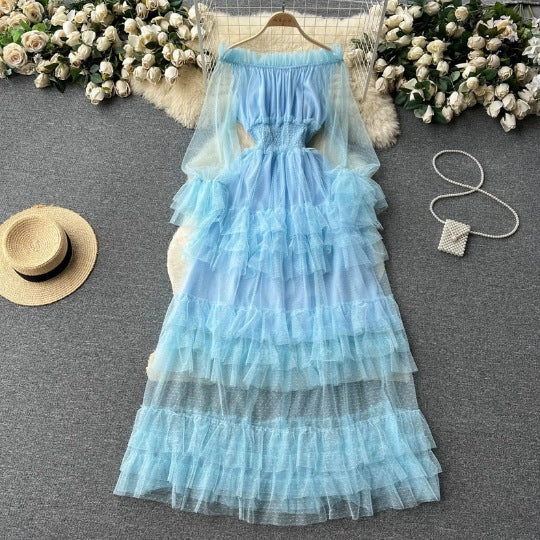 summer outfits inspo French Style High-Grade Ruffled Mesh Cake Dress Women's Waist Slimming Temperament off-Shoulder Super Fairy Long Skirt