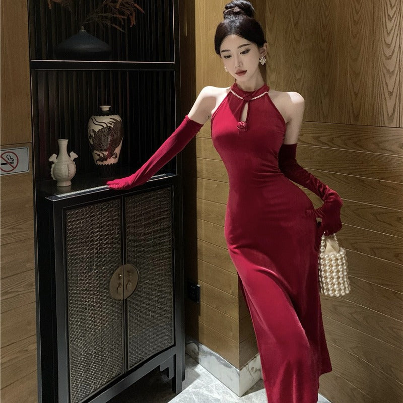 dress to impress outfits Banquet Host Auto Show Dress Long Dress Improved Cheongsam Dress Sexy Split Halter Velvet Dress
