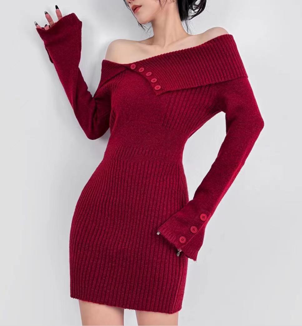 winter outfits women Sexy off-Shoulder Lapel Knitted Dress Autumn and Winter Women's Sweater Slim Hip Skirt