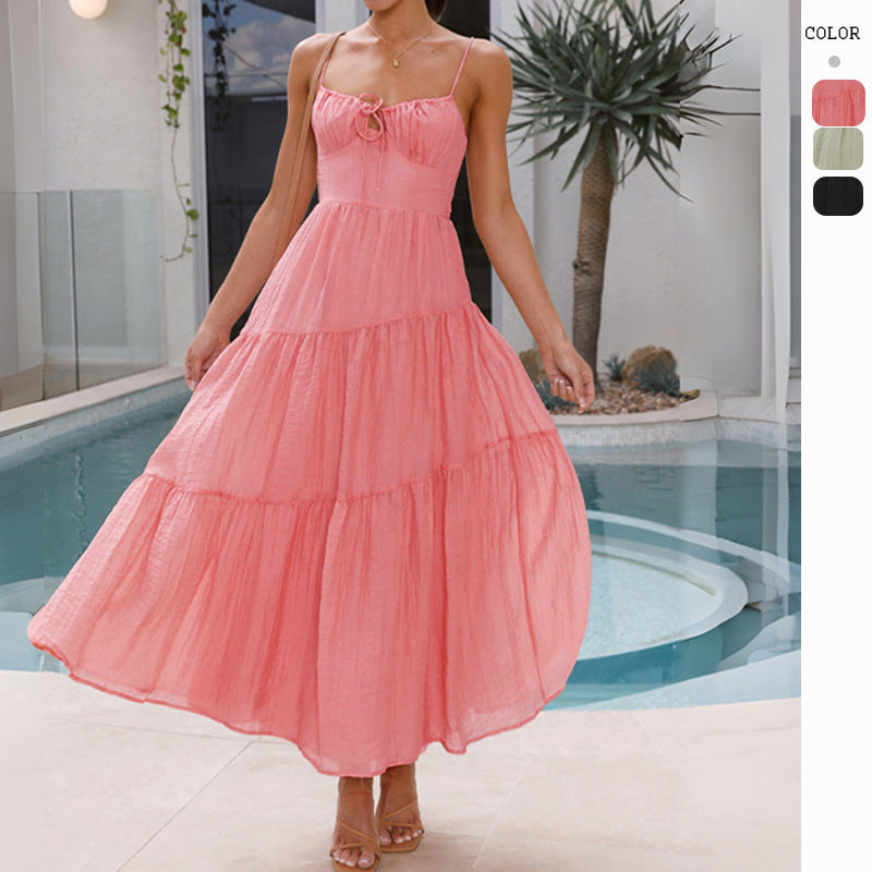 church outfit Women's Stitching Strap Long Backless Lace-up Large Swing Dress with Lining