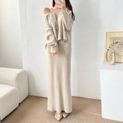duo costumes Women's Korean-Style Chic Autumn and Winter Gentle Temperament V-neck Pullover Sweater + High Waist Slimming Sheath Half-Length