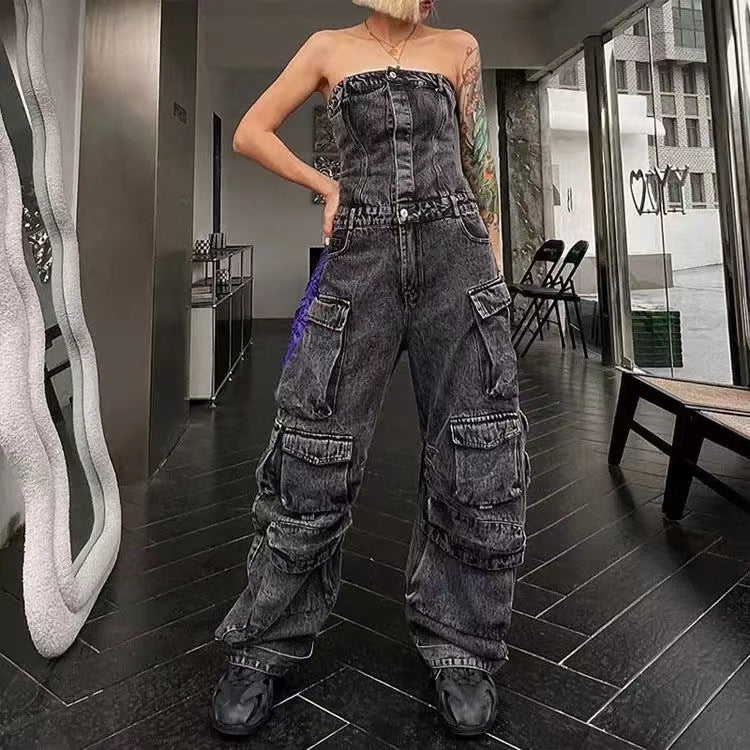 usher concert outfit ideas New Fashion Street Style Tube Top Tight Waist Slimming Hot Girl Multi-Pocket Denim Overalls Jumpsuit