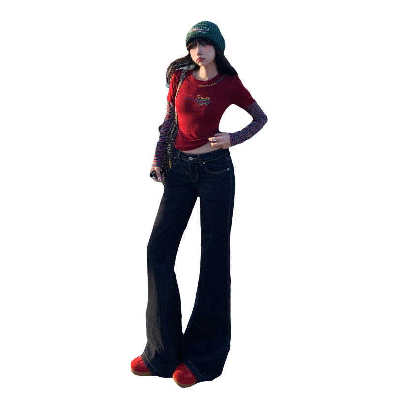 casual dinner outfit fall Women's Clothing Autumn and Winter Hot Girl American Low Waist Jeans Women's Drape Slim Slimming Flared Pants