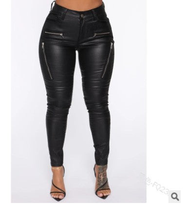 casual dinner outfit fall Fashionable Personalized Tight Casual Pants Women's Zipper Mid-Waist Leather Pants with Pockets Pu New Elastic Pencil Pants