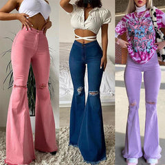 womens fashion Women's Jeans Mid-Waist Ripped Washed Wide-Leg Flared Jeans for Women