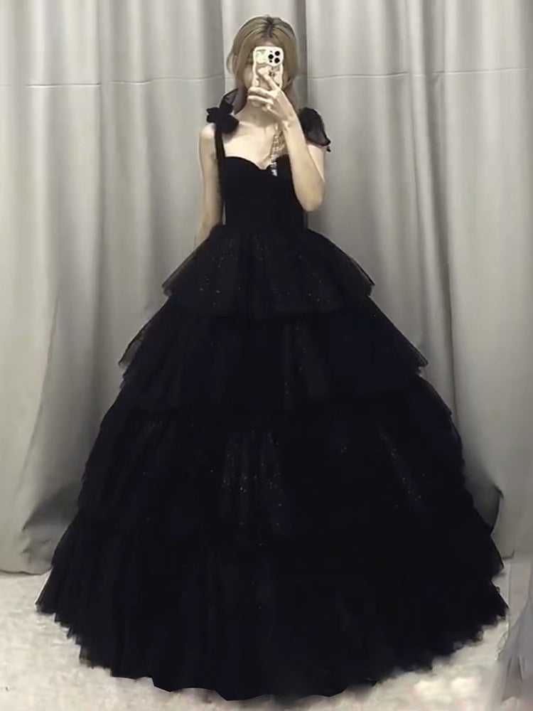 prom dresses Black Evening Dress for Women Adult Ceremony Graduation Light Luxury Niche French Style Long Strap Pettiskirt