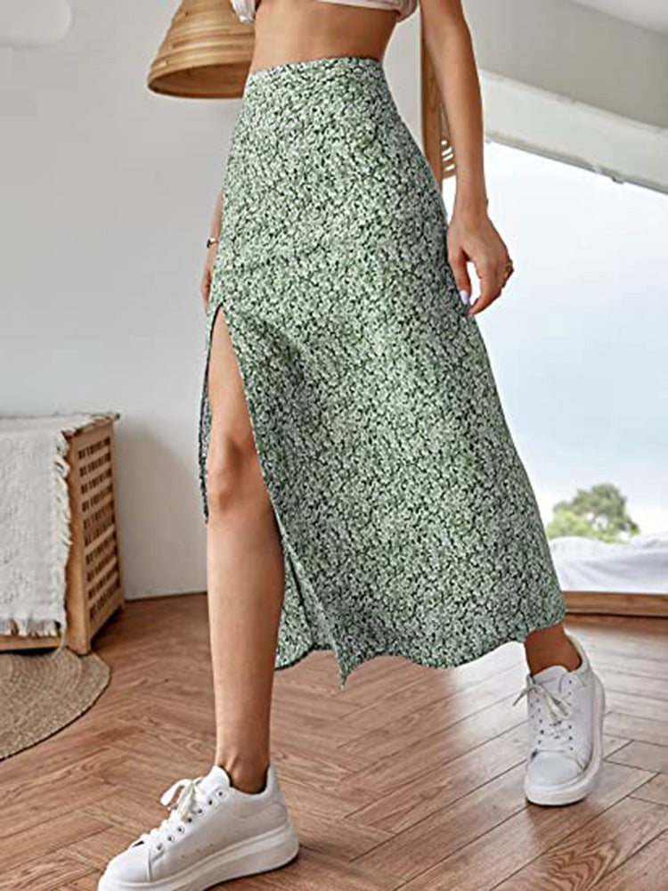 fashion outfits Summer Floral Skirt Split A- line Sheath Mid-Waist Dress