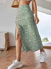 fashion outfits Summer Floral Skirt Split A- line Sheath Mid-Waist Dress