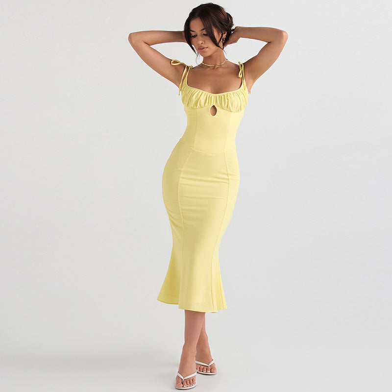 cute outfits fall INS Style Fashion Solid Color Women's Sexy Slim Strap Light V Pastoral Style Ruffled Dress Women