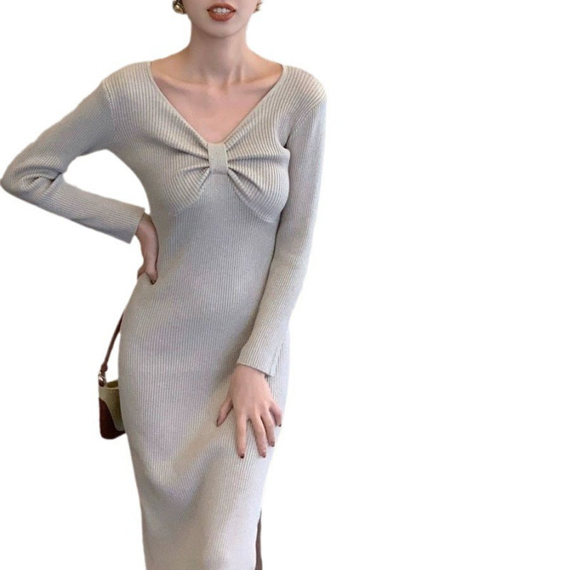outfit inspo Autumn and Winter Retro French Temperament Dress Women's Design Bow Inner Base Split Sheath Sweater Dress