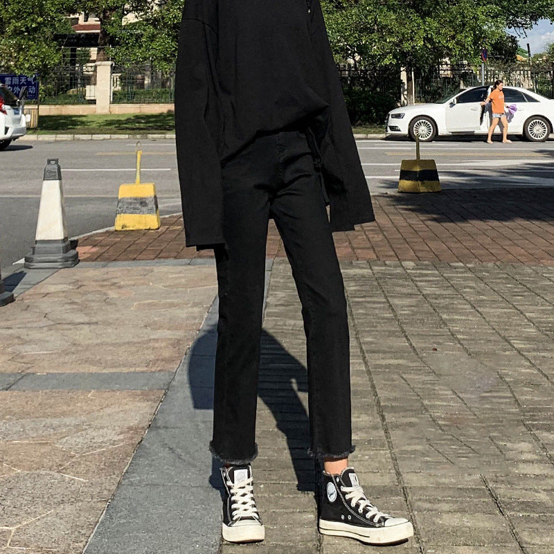 grunge outfits Black and Gray Straight Jeans Women's Autumn and Winter High Waist Stretch Slim Fit Slimming Small Loose Frayed Ankle-Length Pipe Pants