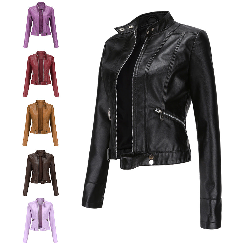 2000s fashion New Leather Coat Women's Short Jacket Spring and Autumn Stand Collar Women's Leather Jacket Women's Thin Leather Jacket