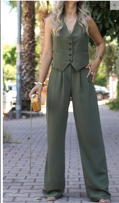 business casual outfits woman Women's 2024 Spring New V-neck Sleeveless Vest Draping Wide Leg Suit Pants Casual Suit