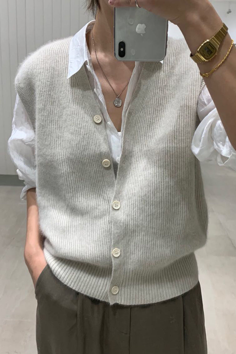 90s streetwear Korean Style New Autumn and Winter round Neck Loose Wool Sweater Vest Women's Sleeveless Cardigan Sweater Women's Vest Outer Wear