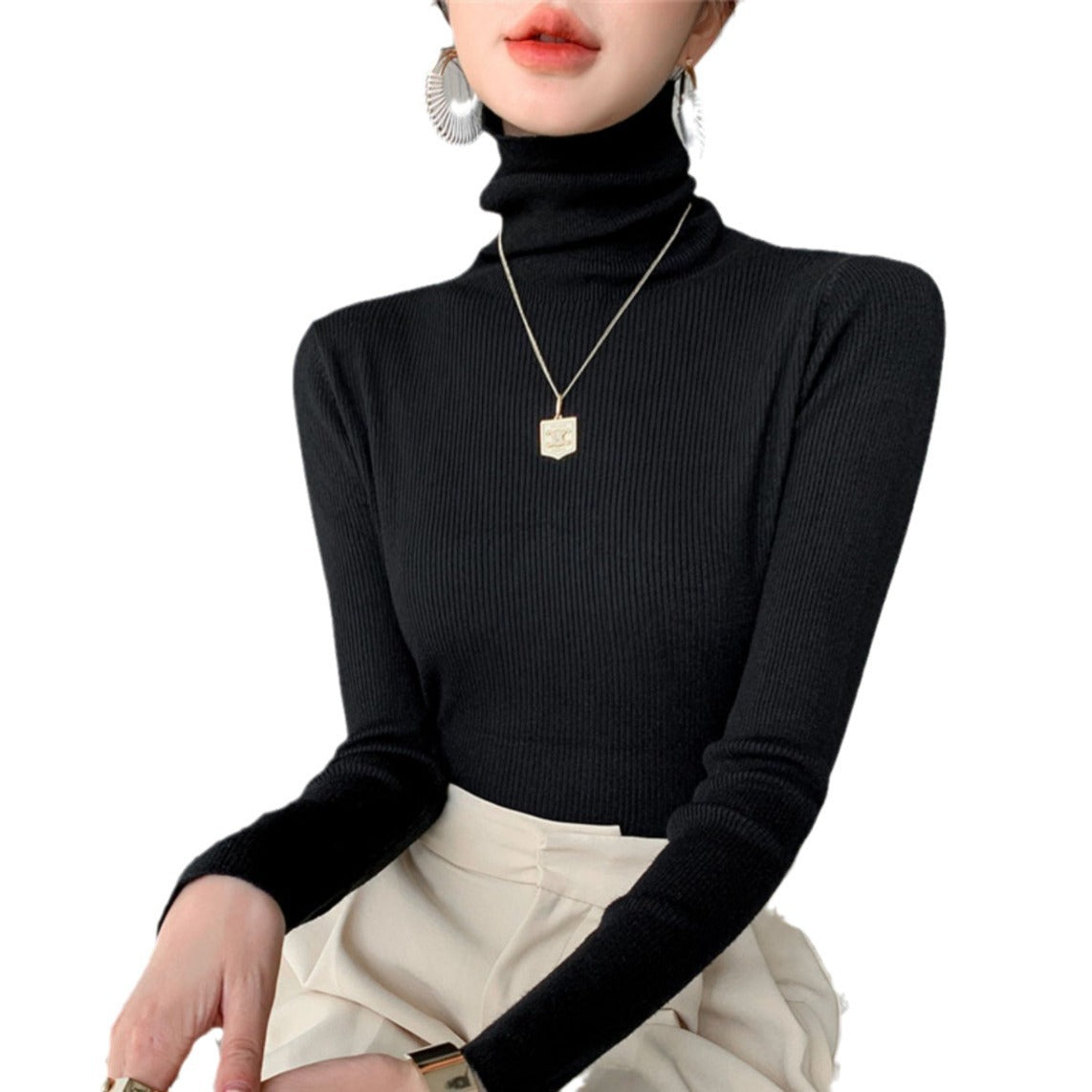 tailgate outfit black women Autumn Women's Klein Blue Pile Collar Sweater Bottoming Shirt Turtleneck Sweater Tight Slim Fit Inner Top