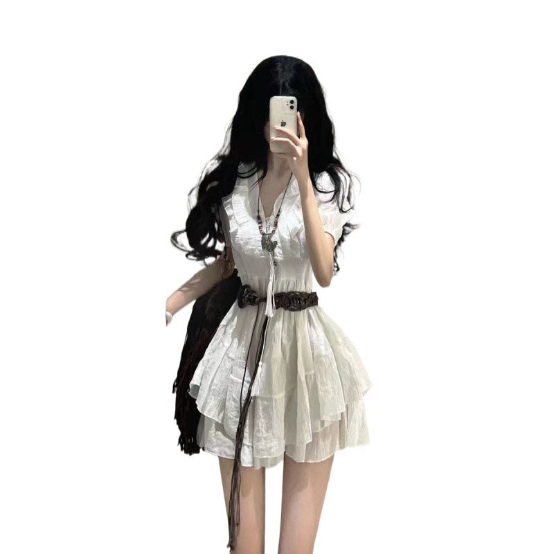 halloween costumes Small French Style White Short-Sleeved Dress Short Leather Coat Women's Sweet Summer Short Skirt Suit