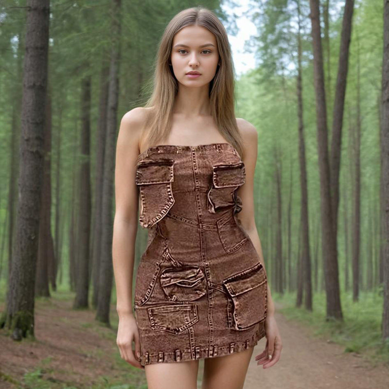outfit inspo Personalized Street Denim Hip Skirt Spring New Solid Color Stitching Multi-Pocket Tube Top High Waist Dress Women
