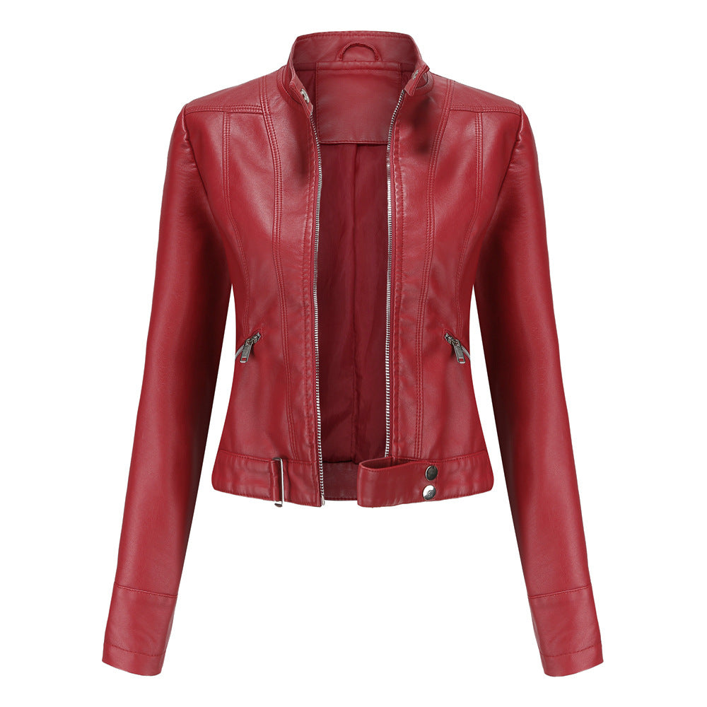 2000s fashion New Leather Coat Women's Short Jacket Spring and Autumn Stand Collar Women's Leather Jacket Women's Thin Leather Jacket