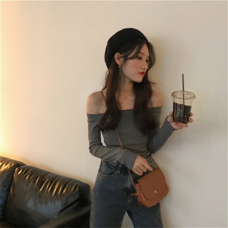 outfit inspo fall off-Shoulder Thread Top for Women Autumn New Design Sense Niche Short T-shirt Hot Girl Long Sleeve Bottoming Shirt