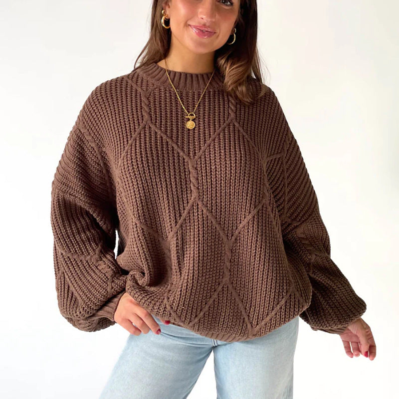 outfit inspo fall New round Neck Knitted Loose Casual Lantern Sleeve Pullover Sweater Top for Women