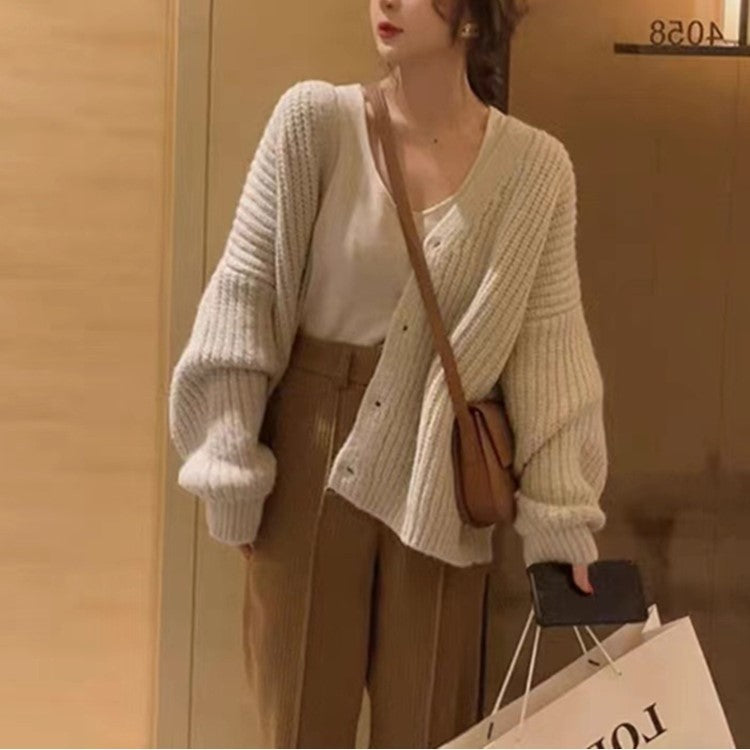 fall outfits women Gentle Pink V-neck Sweater Cardigan Women's Loose Sweet Knitted Lazy Style Coat