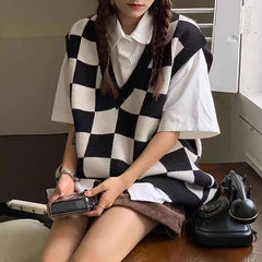 dti outfits Autumn and Winter Preppy Style All-Match Chessboard Plaid Sweater Vest Female Students Korean Style Loose Sleeveless Vest Knitted Outer Wear