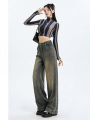 90s fashion men Distressed Cement Yellow Wide-Leg Jeans Women's American-Style Retro Retro High Waist Slimming Straight Loose Draping Mop Pants