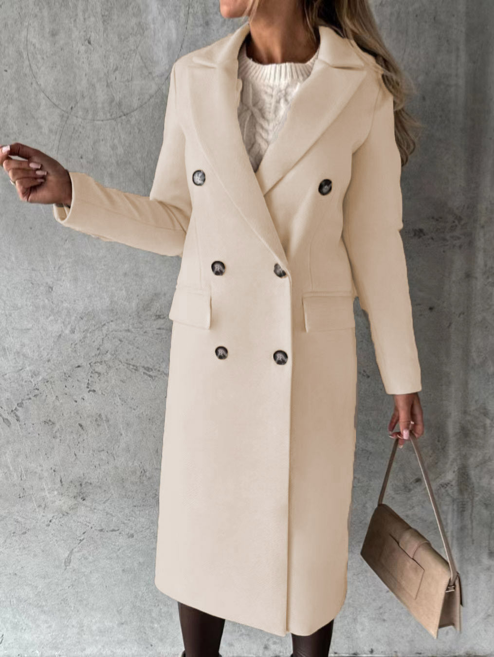 Autumn and Winter New Women's Long-Sleeved Lapel Solid Color Double-Breasted Slim Jacket Coat
