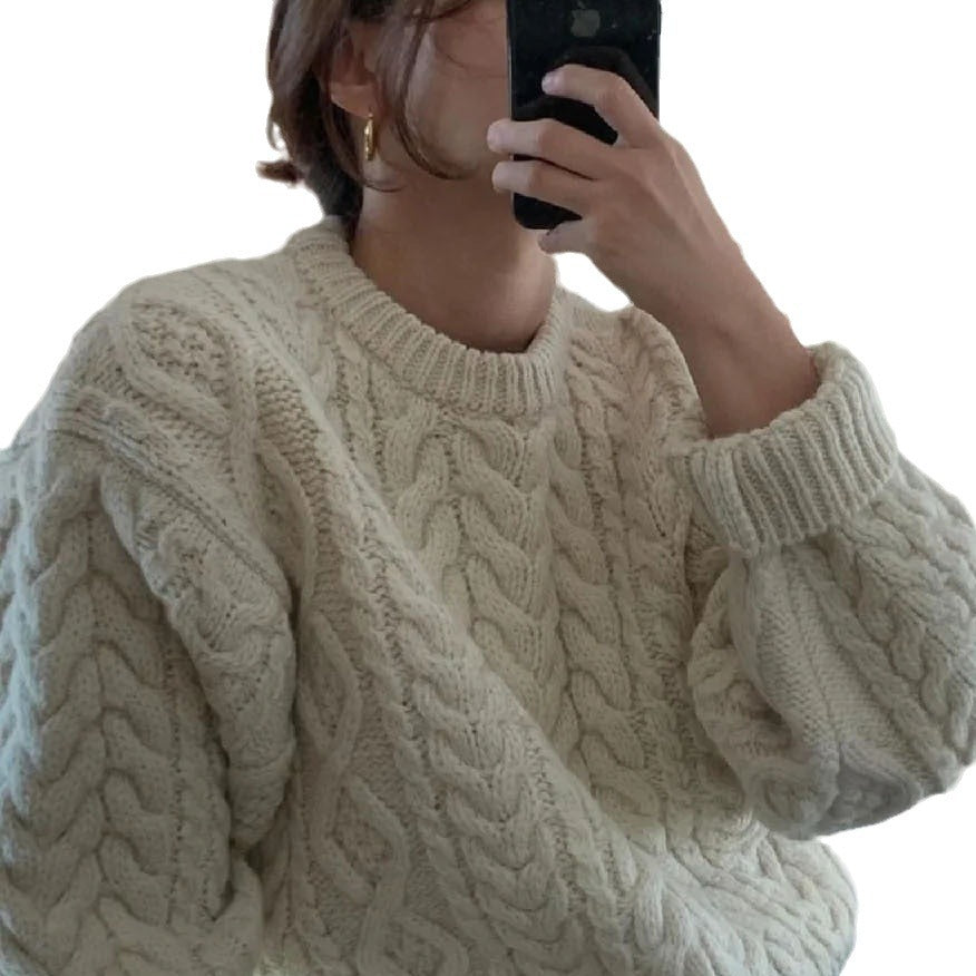 winter date night outfits Apricot Retro round Neck Pullover Sweater Loose Winter Thickened Thick Thread Twist Sweater Women's Clothing