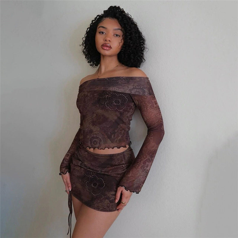 concert outfit Fall New Style Sexy Slim-Fit Navel off-Shoulder Top High Waist Drawstring Short Skirt Suit