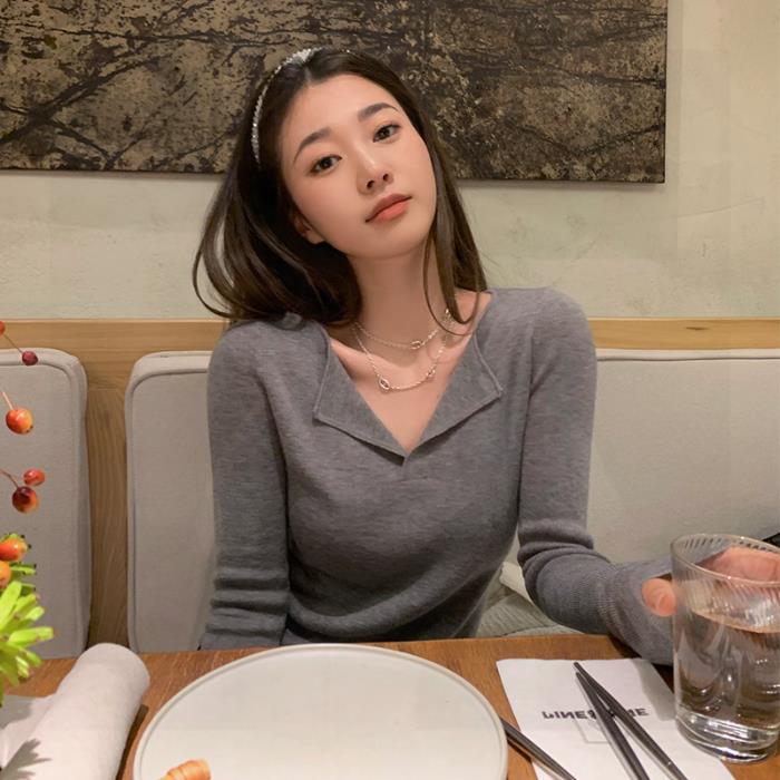 outfit inspo Korean Style Polo Collar Sweater Women's New Design Double Collar Chic Early Autumn Chic Top Bottoming Shirt