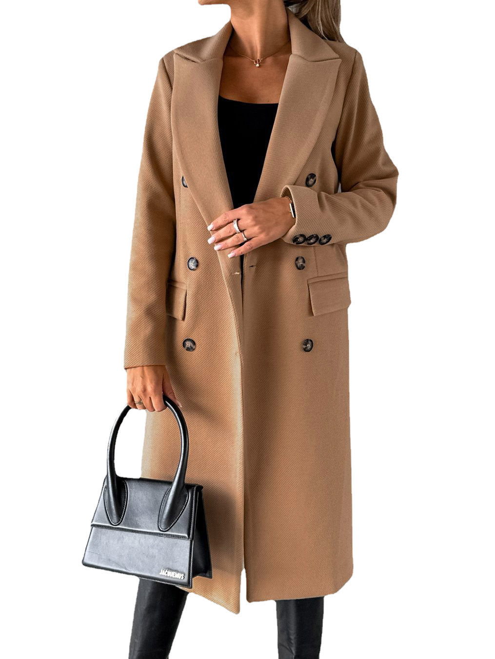 Women's Spring 2024 New Coat All-Match Woolen Coat Solid Color Long Sleeve Double Breasted Pocket