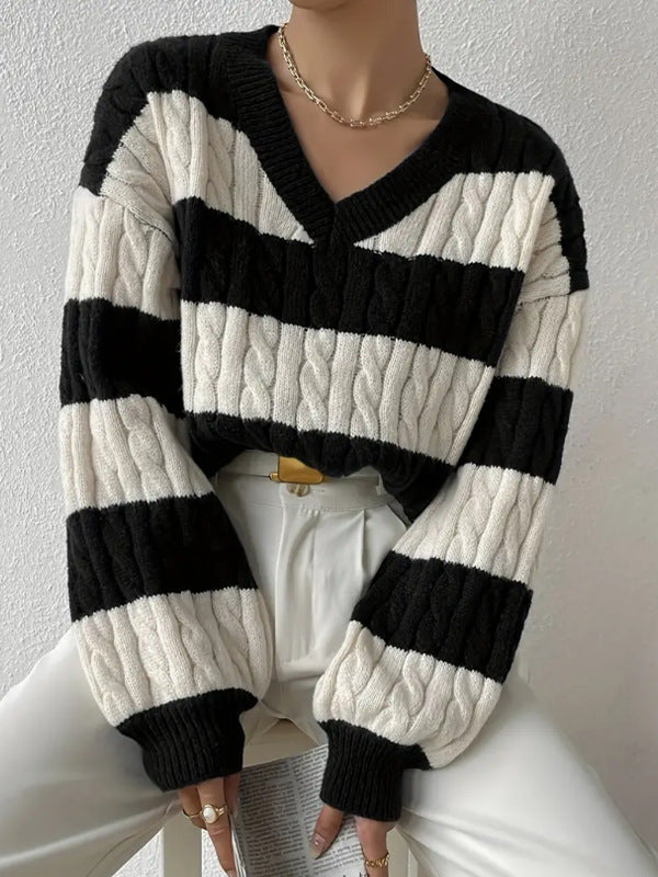 sambas outfits Autumn and Winter Lazy Style New Knitwear Loose Fashion Women's V-neck Retro Contrast Color Striped Sweater