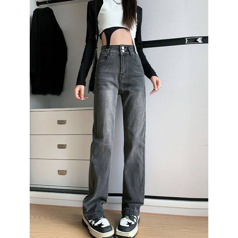 2000s fashion Retro High Waist Straight Jeans Women's Autumn New Narrow Wide Leg Pants Black Gray Slimming Pipe Pants