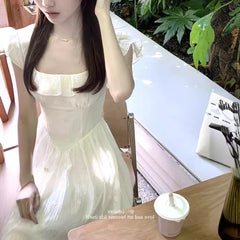 maternity French Heavy-Duty Embroidery Floral Ruffled Square Collar Dress Women's Summer Waist Slimming Holiday Temperament Long Skirt